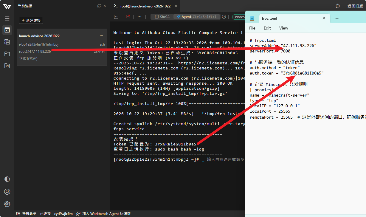 frpc.toml 里填 serverAddr 和 token