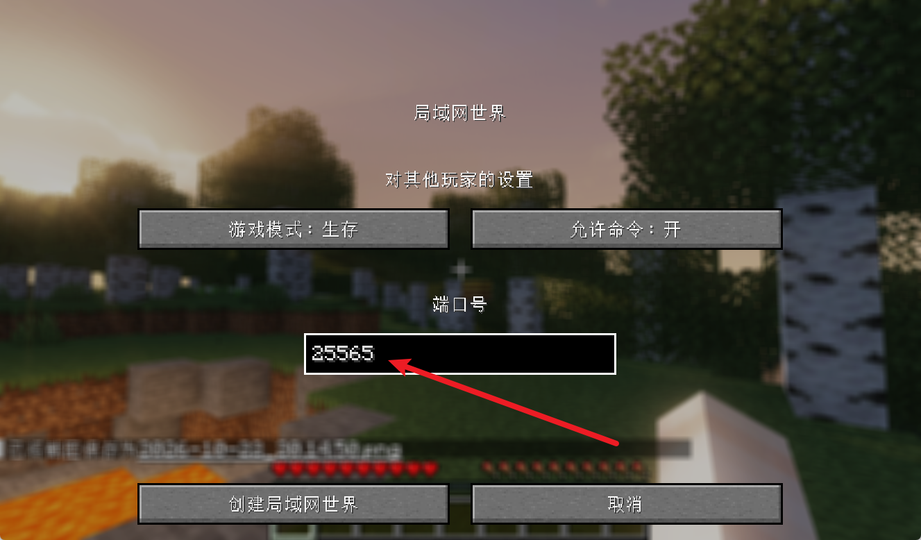 端口填 25565,创建局域网世界